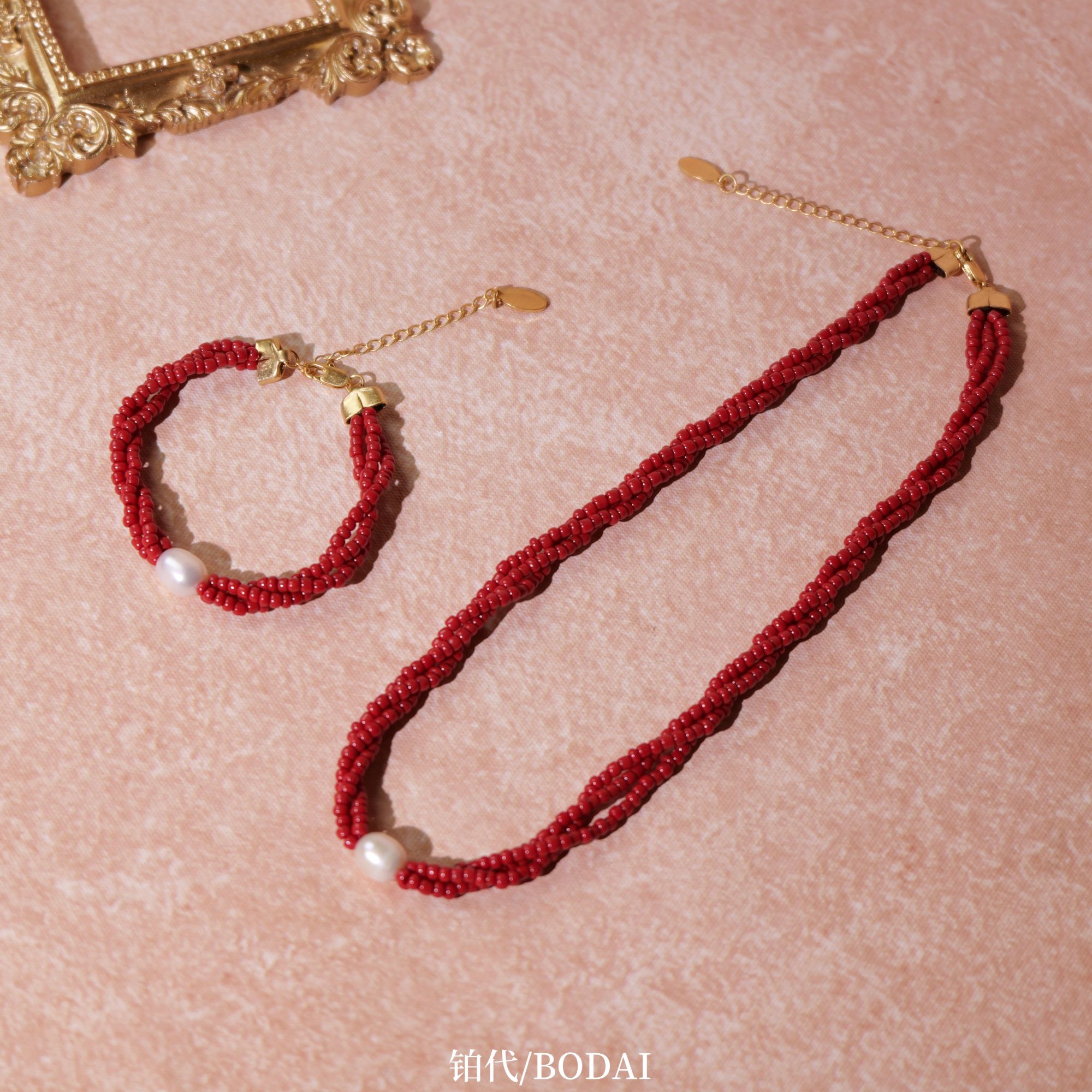 铜合金玻璃项链 铂代DU家定制【西米泰格】丹麦复古红米珠项链手链