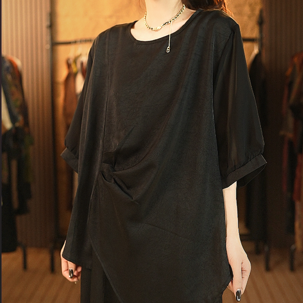 【白雪.荐选】桑蚕丝捏折黑上衣大码宽松百搭显瘦衬衫上衣新K247