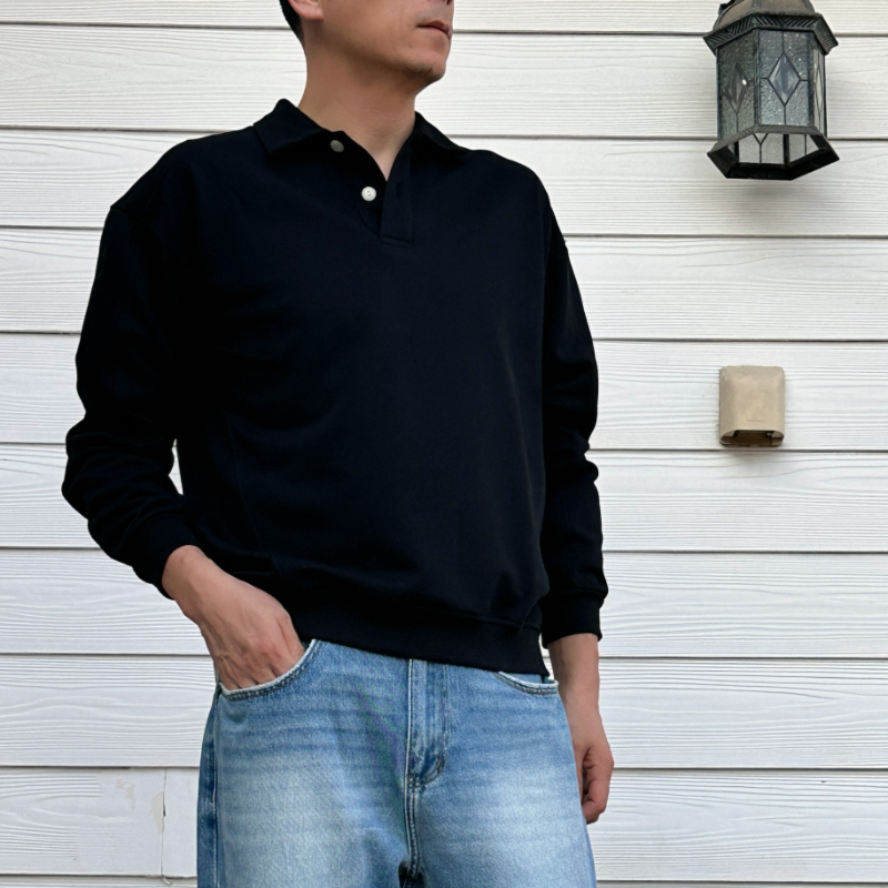 秋季美式复古重磅肌理感Polo翻领卫衣男潮通勤百搭长袖上衣