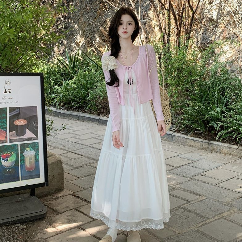 C-6200包包专属大码夏季新款韩系吊带蕾丝拼接连衣裙+开衫套装