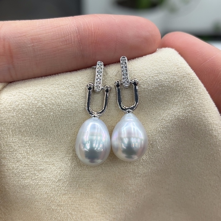 银S925镶嵌耳饰海水珍珠澳白9-10m 31号