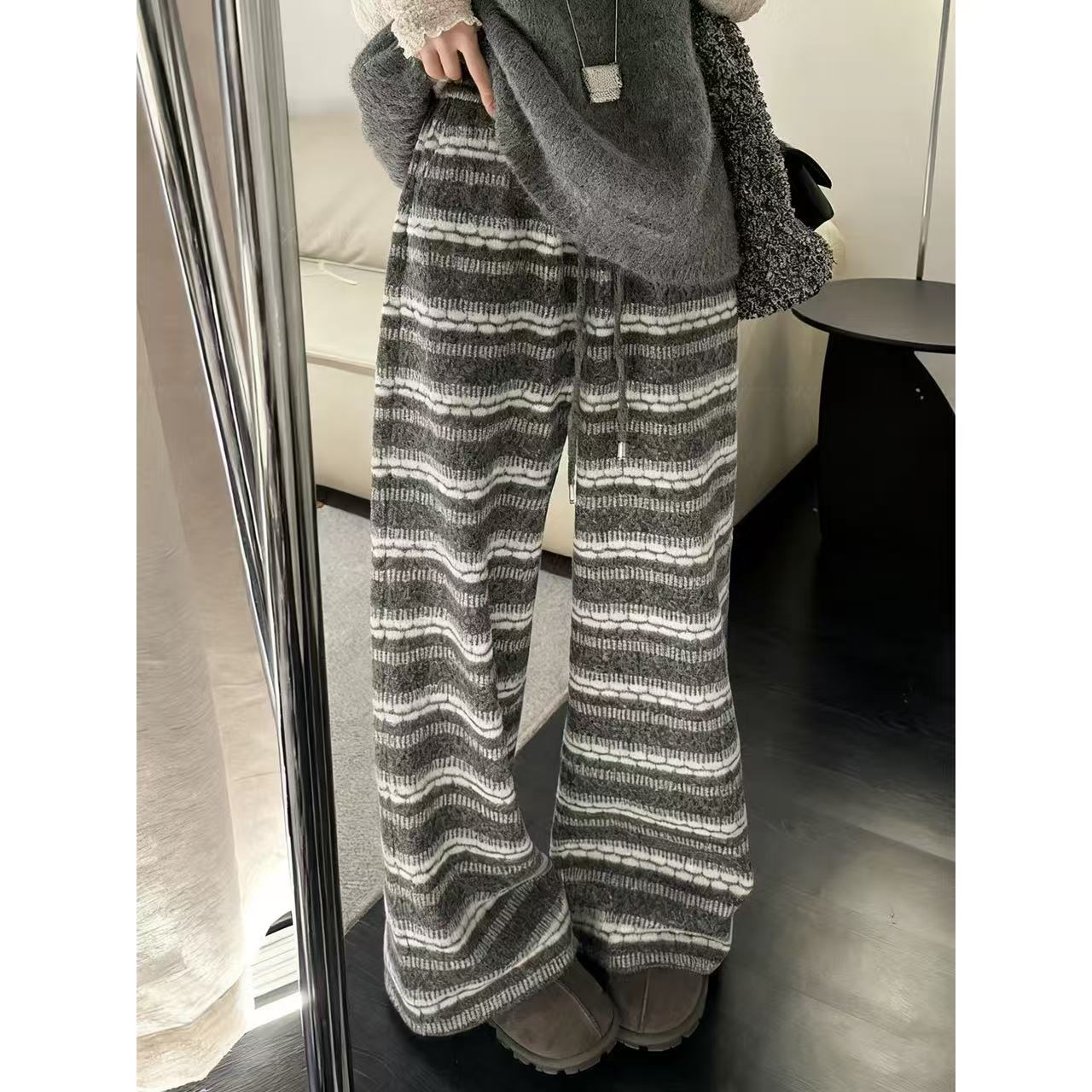 大码胖mm韩系复古松紧腰抽绳条纹休闲裤百搭设计感阔腿裤女