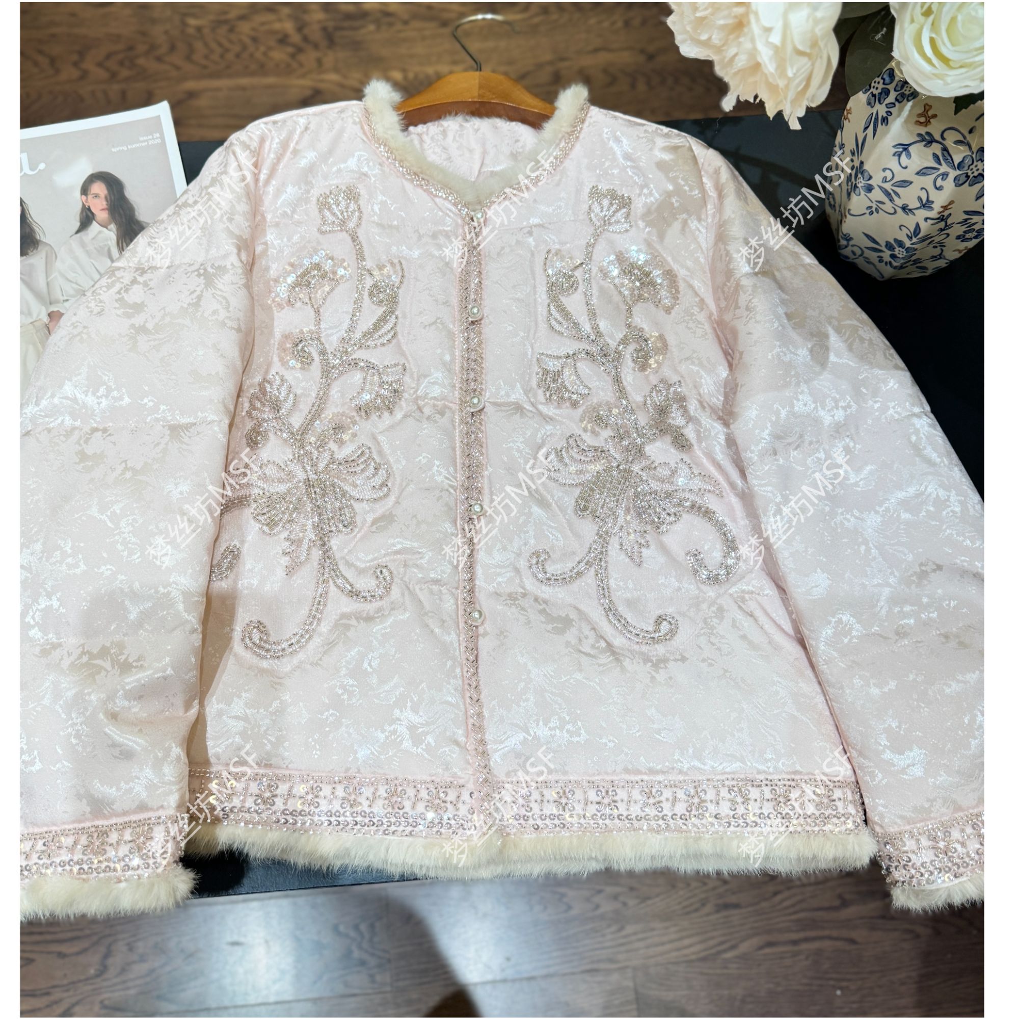 新中式国风提花白鸭绒羽绒服2025冬季新款水貂毛拼接加厚保暖外套