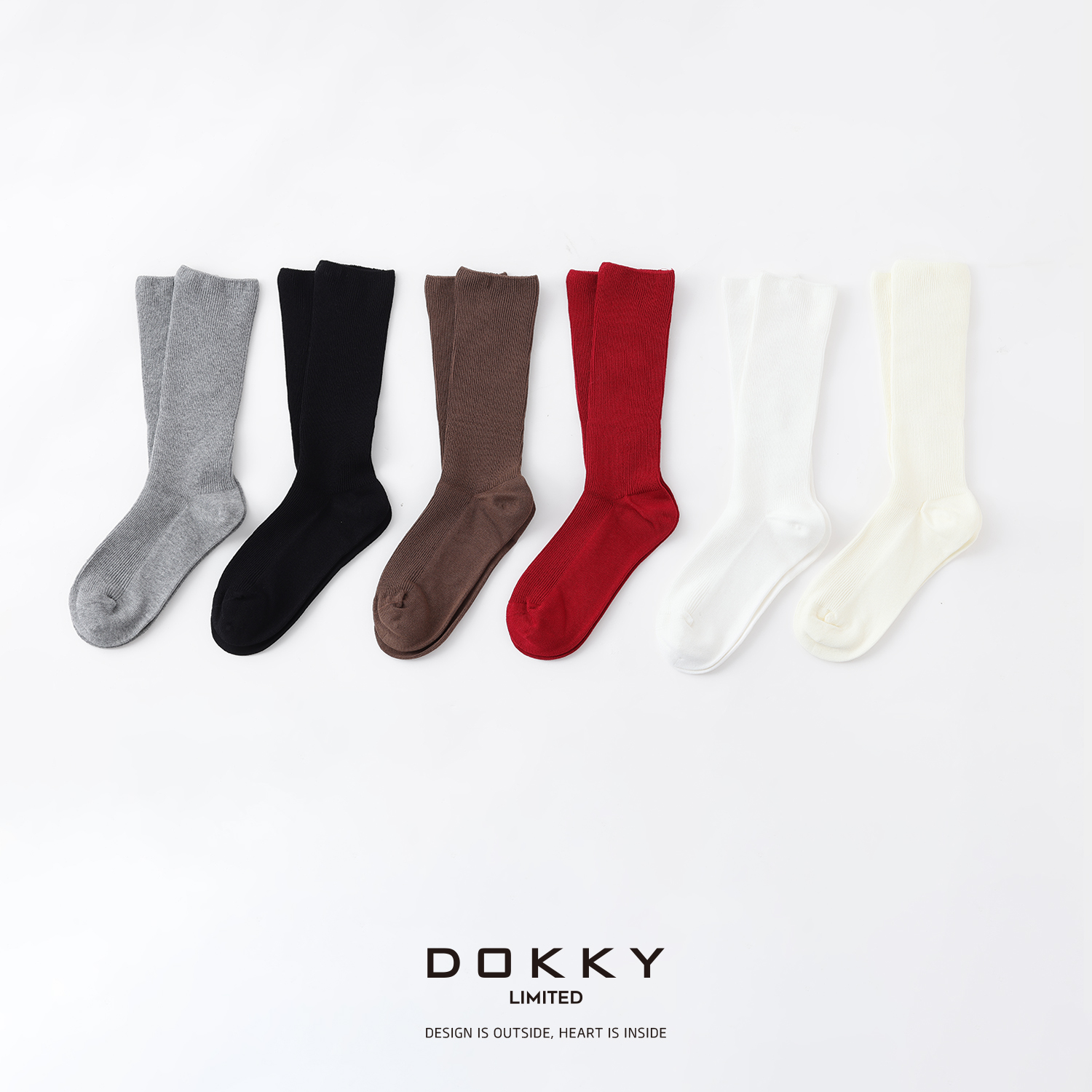 Dokky「女款-韩系中高筒素袜」定纺高支棉.经典坑条.极简袜子D0138