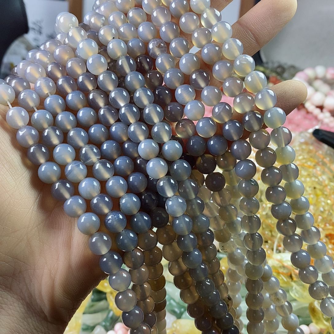 玛瑙/玉髓珠宝半成品合金一条天然微瑕8mm灰玛瑙圆珠