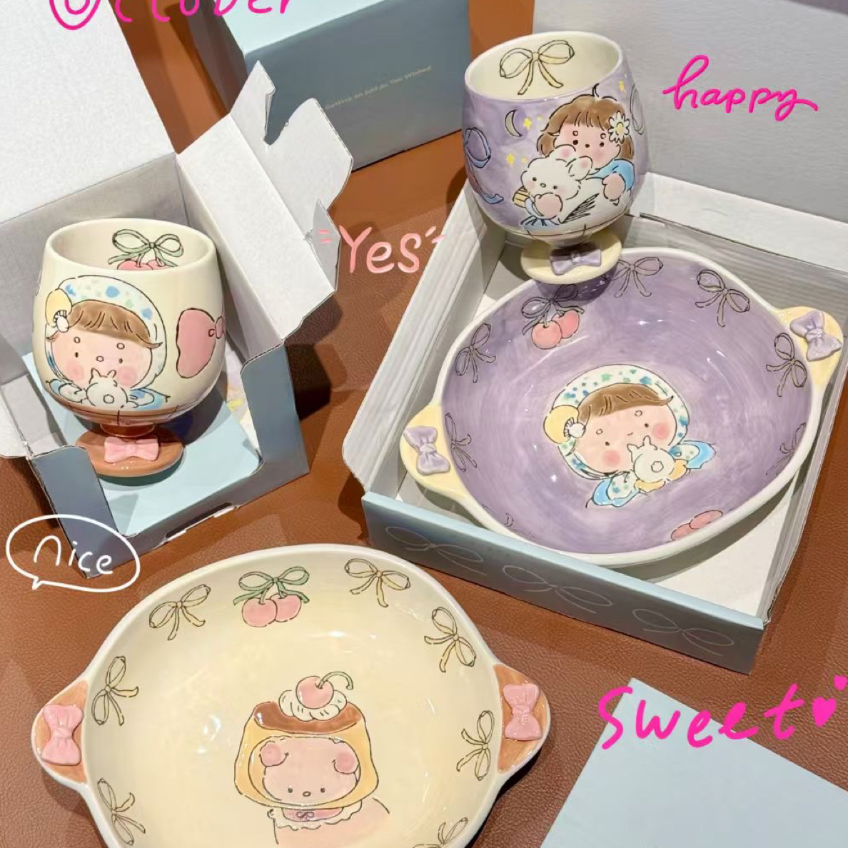 蓝莲花插画风双耳杯子沙拉碗家用餐具生日礼物备注杯子or盘子颜色