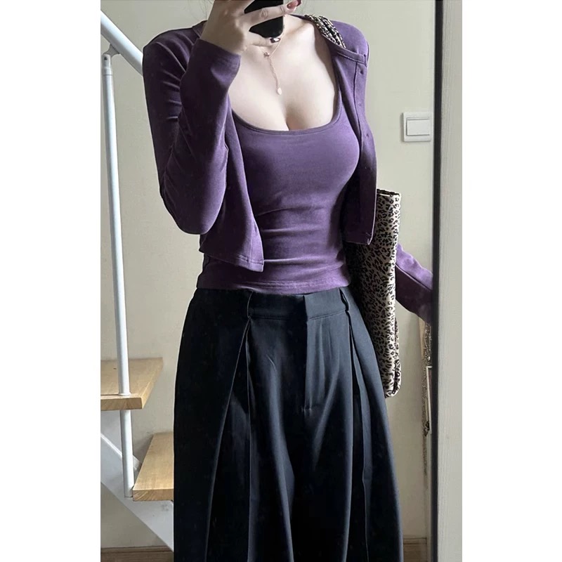 （倩倩）大码美式纯欲开衫春季吊带内搭修身收腰辣妹套装25017