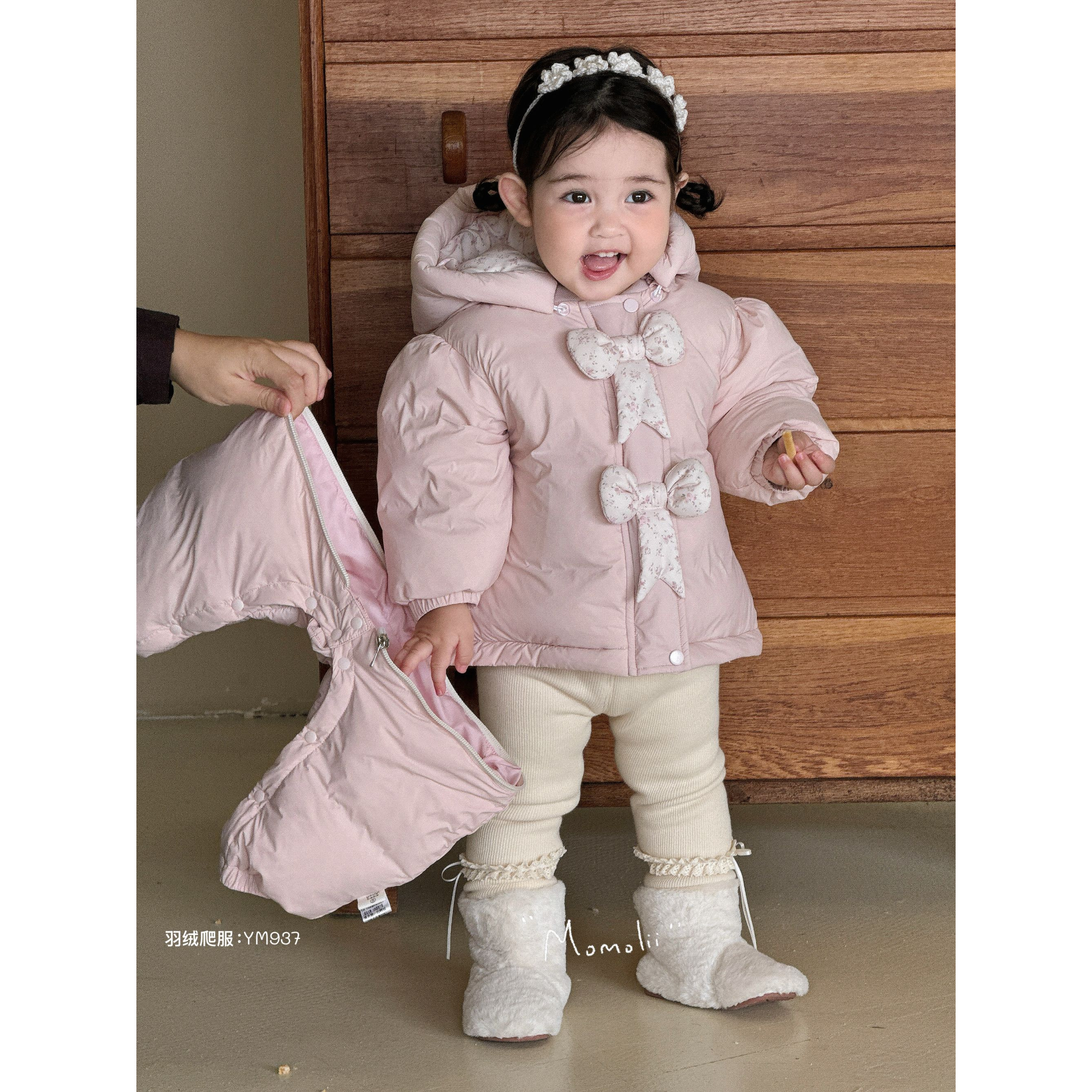 冬新款婴儿童连体羽绒爬服冬装双蝴蝶结双拉链两穿羽绒服937