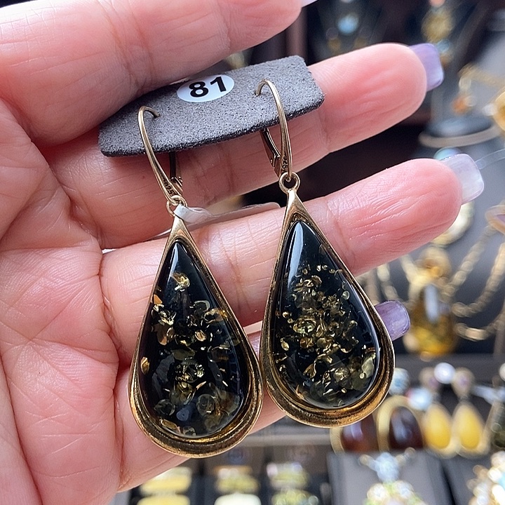 琥珀耳饰银S925镶嵌耳环