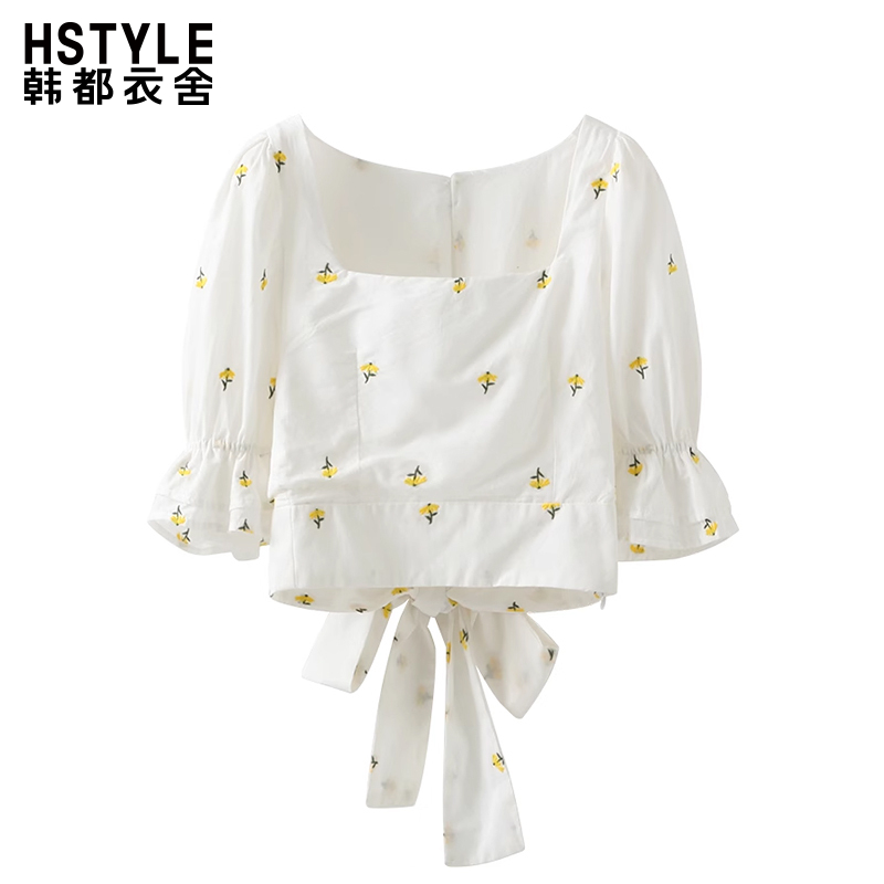 韩都衣舍新款荷叶边碎花衬衫设计感小众衬衣气质短款百搭上衣女