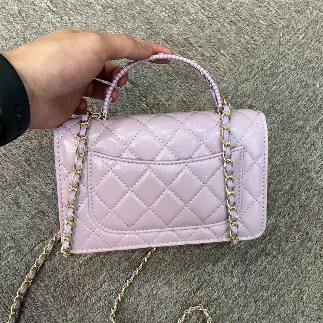 2025新款真皮女包方格手柄紫色