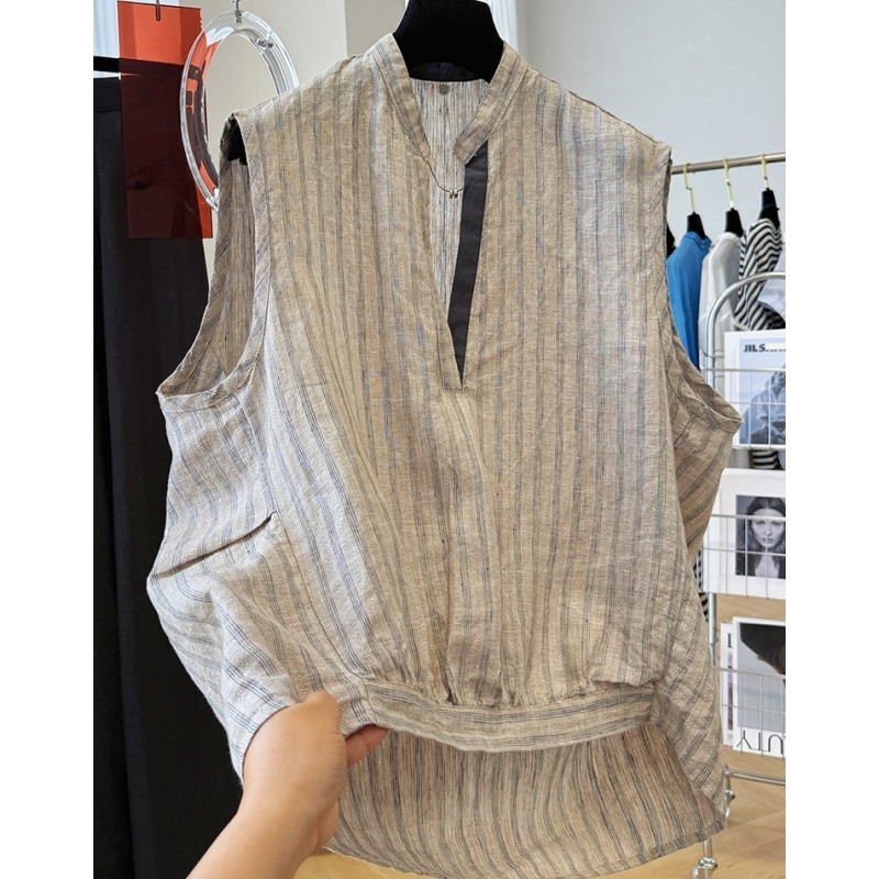 P0267独特别致洋气高端亚麻条纹无袖衬衫女夏季单穿马甲背心上衣