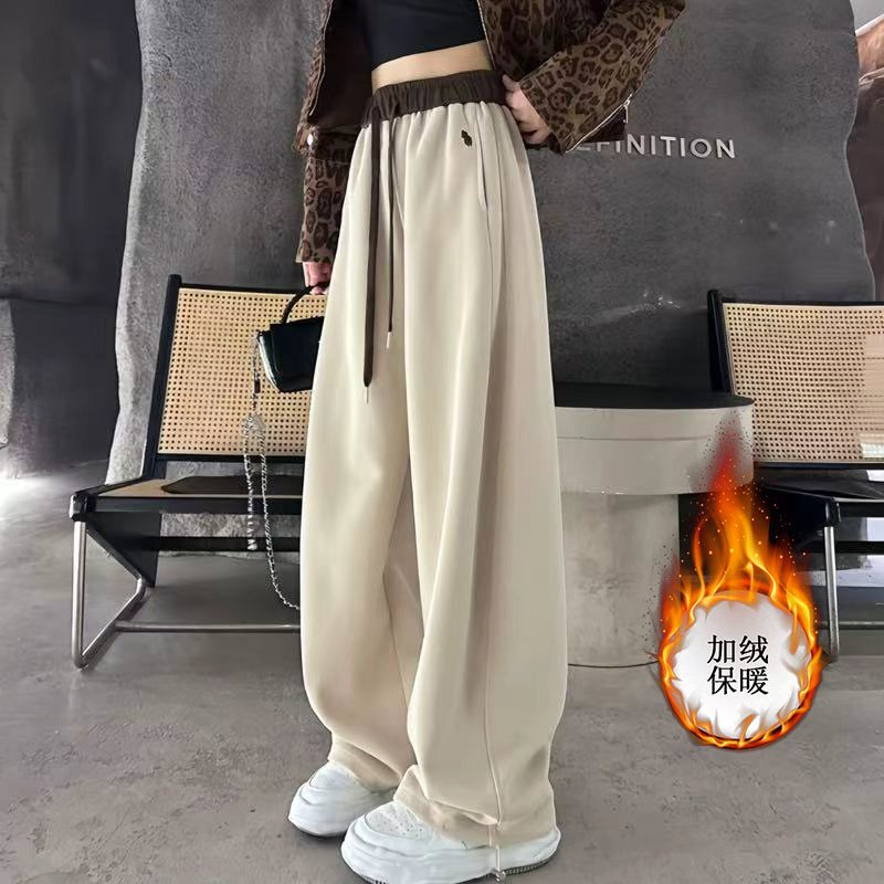 慵懒风加绒刺绣阔腿裤女秋冬加厚高腰宽松时尚百搭拼色休闲弯刀裤