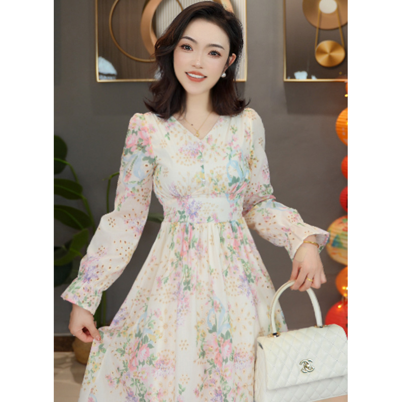 苏陌碎花圆领连衣裙长裙春季印花收腰裙子气质显瘦温柔时尚修身