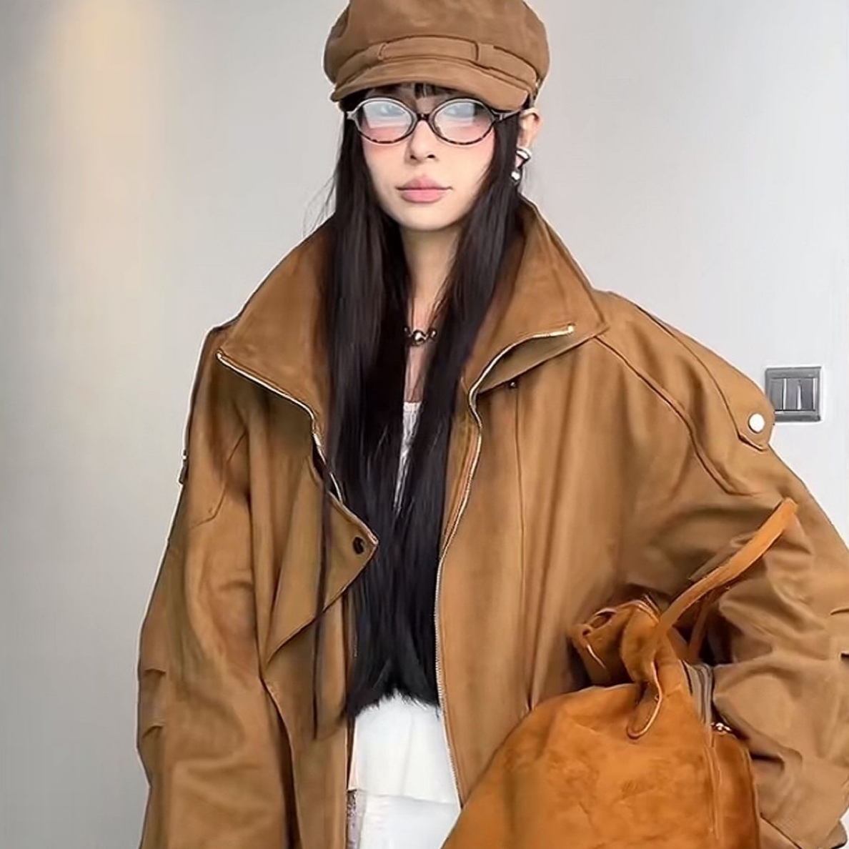 美拉德复古咖色麂皮机车服外套女2025秋季新款工装皮夹克上衣外套