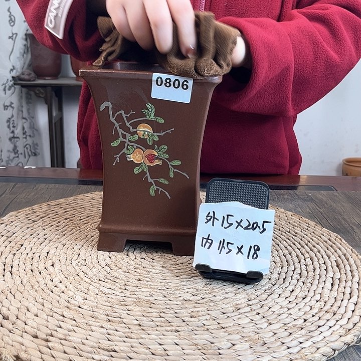 紫砂花盆紫泥手绘石榴开口笑束腰四方0806