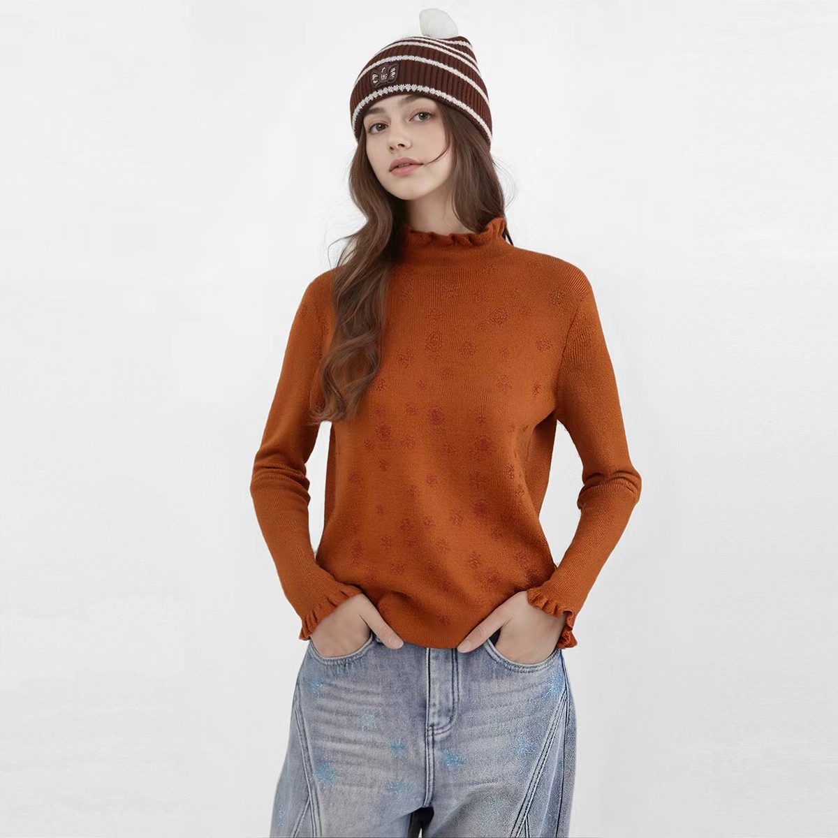 TCH烫钻木耳边半高领针织衫女温柔复古风秋冬内搭上衣T75D09E1267