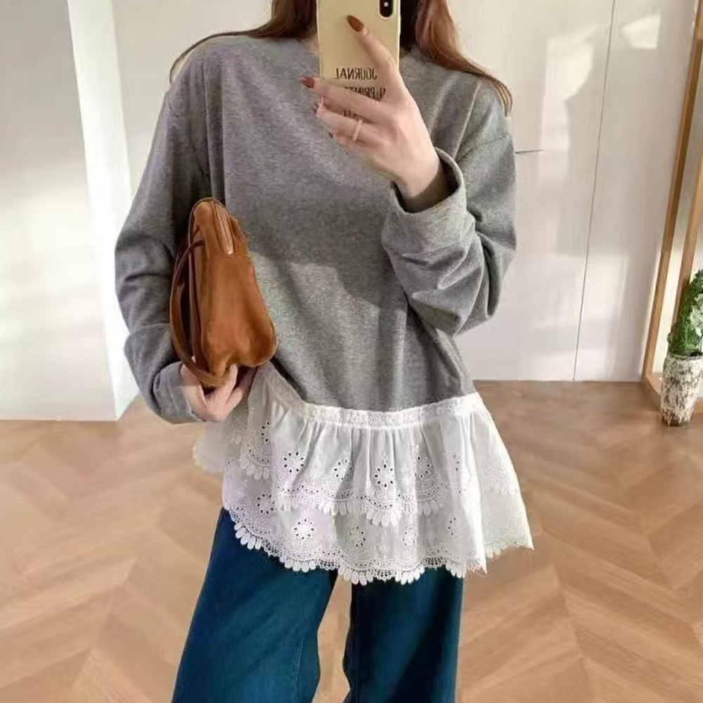 【8315】大码女装胖mm秋冬季内搭打底衫蕾丝拼接长袖T恤显瘦上衣