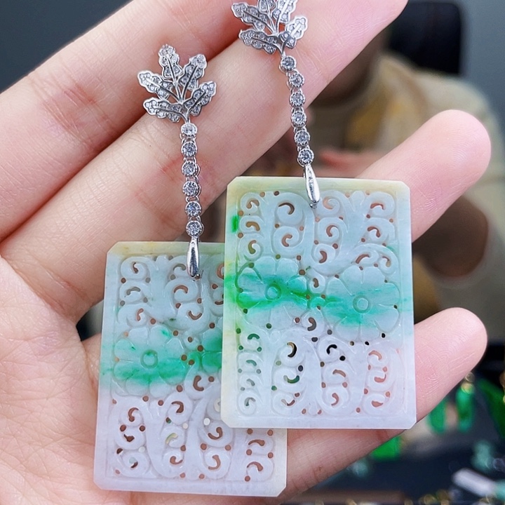 翡翠耳饰银S925镶嵌饰品