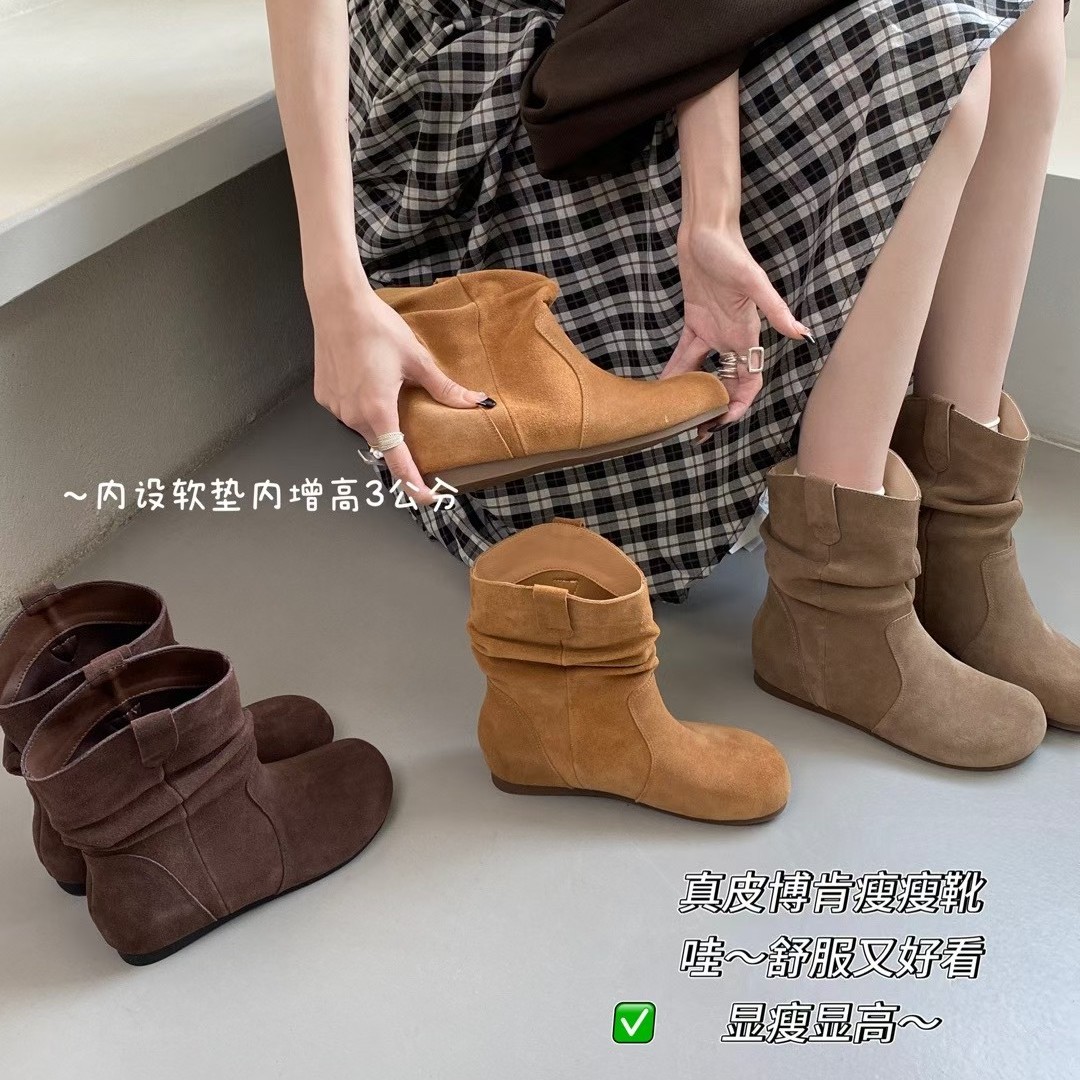 韩版真皮内增高复古套筒褶皱踝靴女秋冬款外穿气质勃肯瘦瘦短筒靴