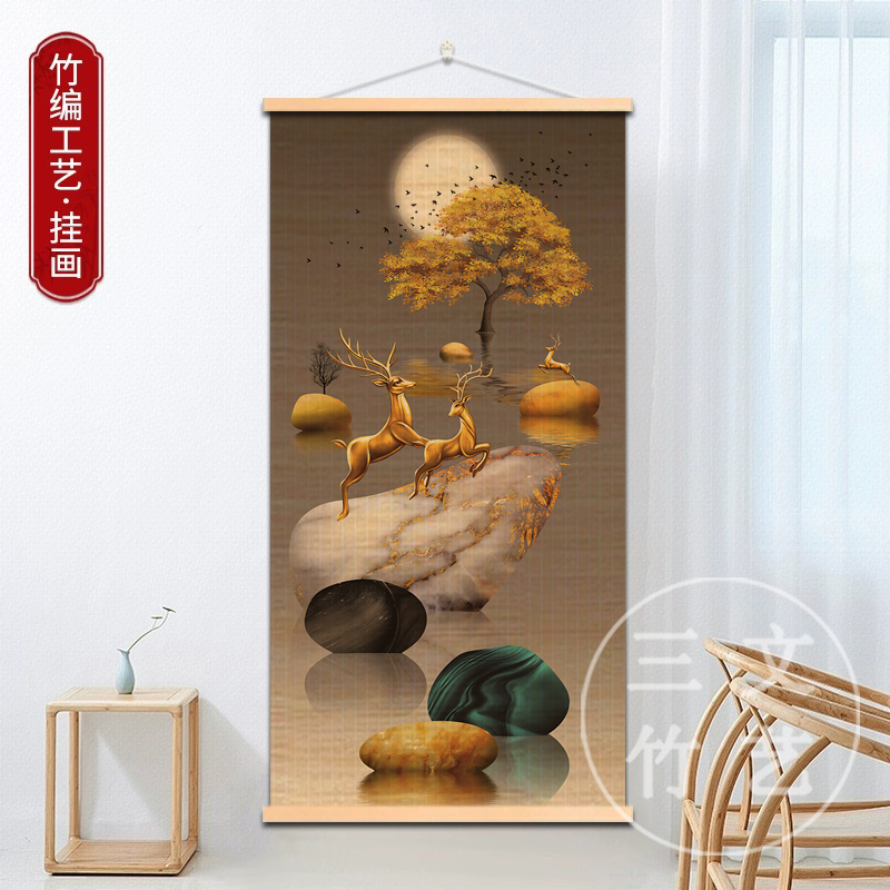 【福鹿葫芦福】竹编挂画客厅茶室玄卧室关挂画苏式庭院免打孔装饰画