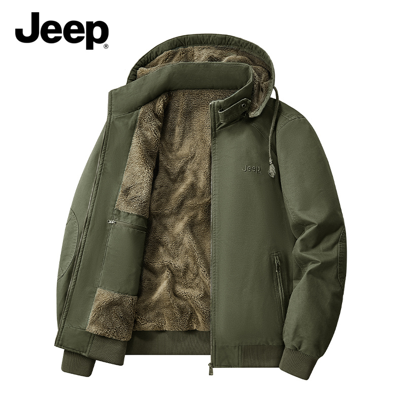 JEEP加绒加厚纯棉夹克秋冬水洗宽松复古美式可拆卸帽保暖棉服外套