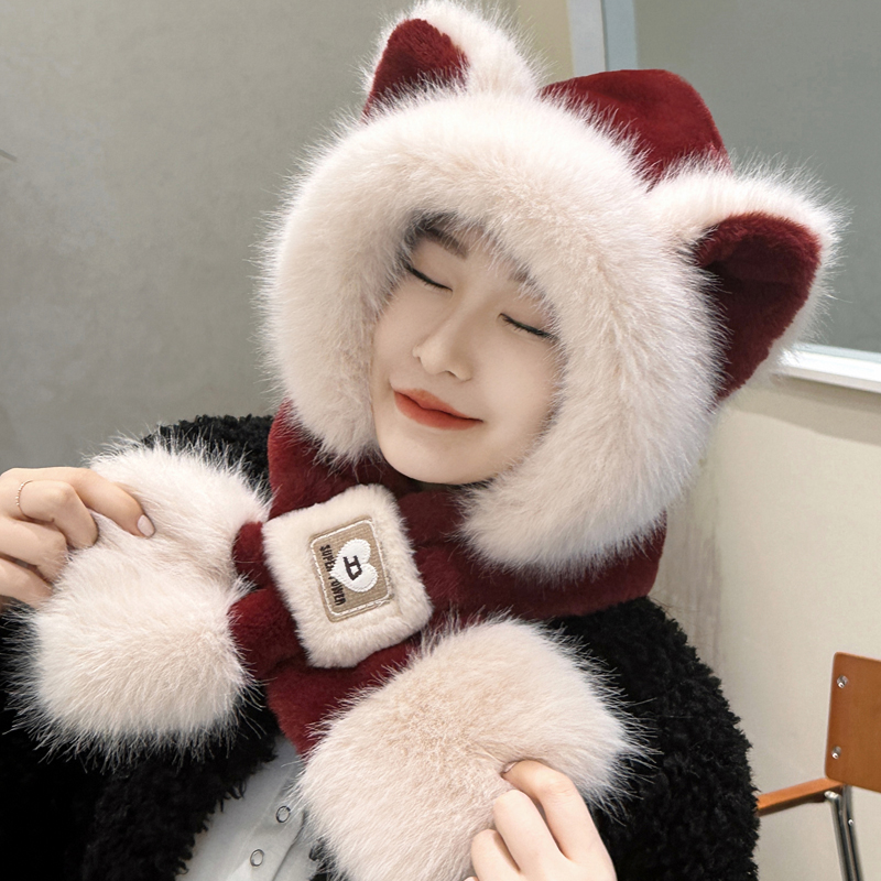 可爱狐狸帽子围巾一体女冬季毛绒护耳骑行保暖2025新款围巾显脸小