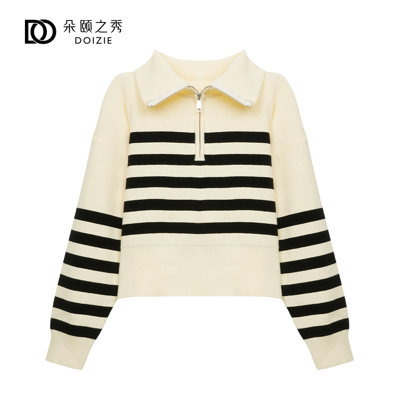 陪伴岁月 条纹拉链大翻领针织衫 D-22235