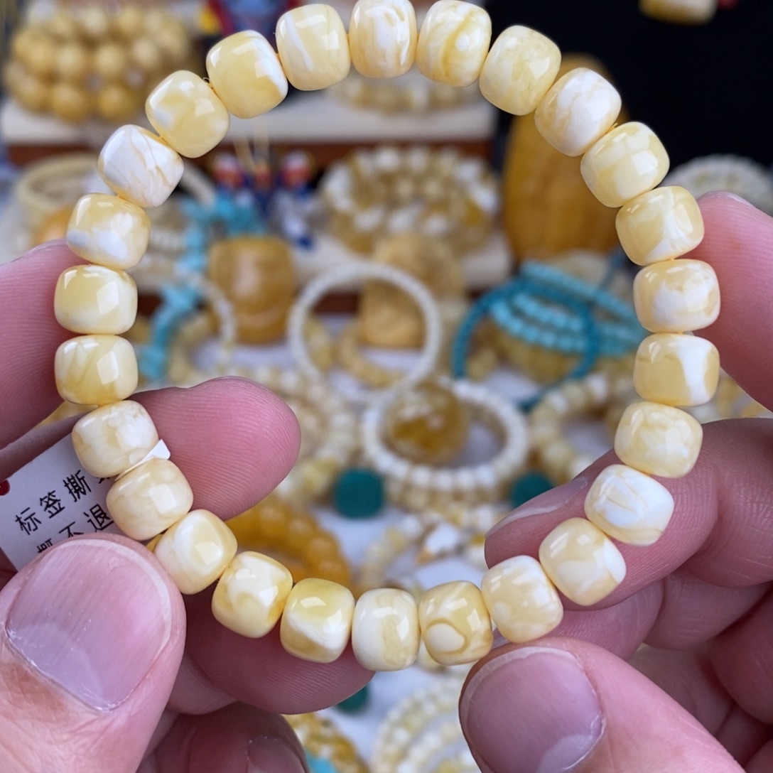 蜜蜡未镶嵌手链瓷白细纹虎皮纹8.8mm