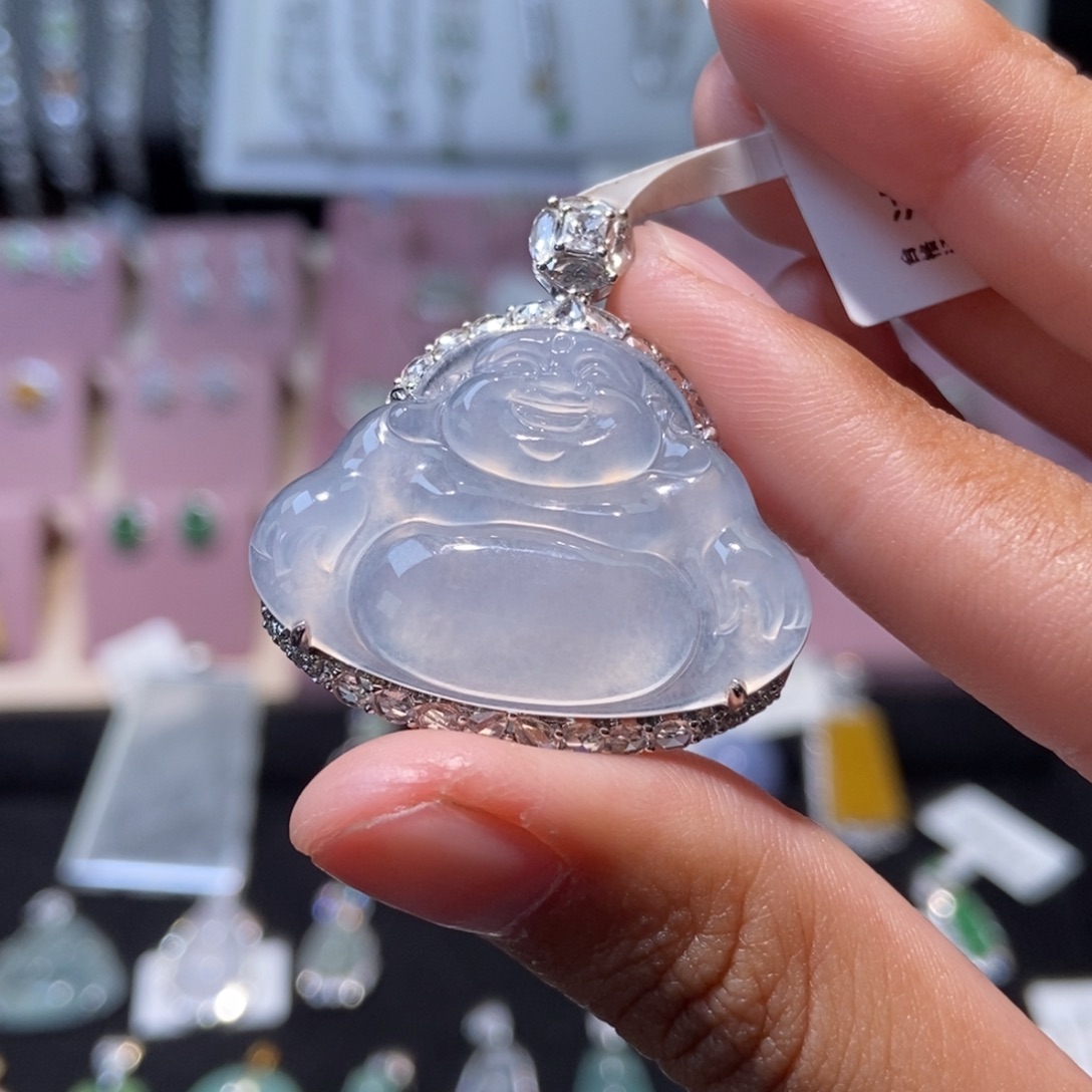 翡翠18K金镶嵌颈饰纯天然缅甸翡翠A货佛公