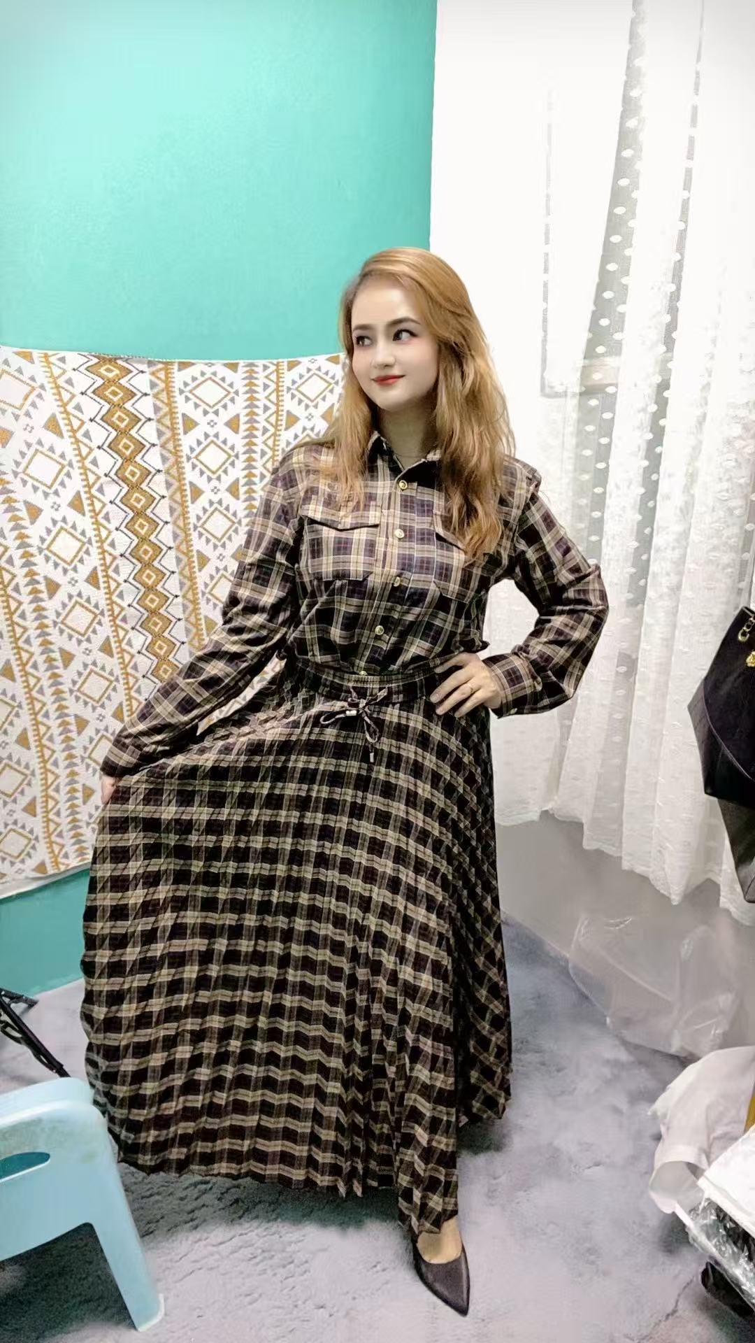 纯棉格子套装长袖洋气遮肉宽松显瘦休闲舒适秋季新款