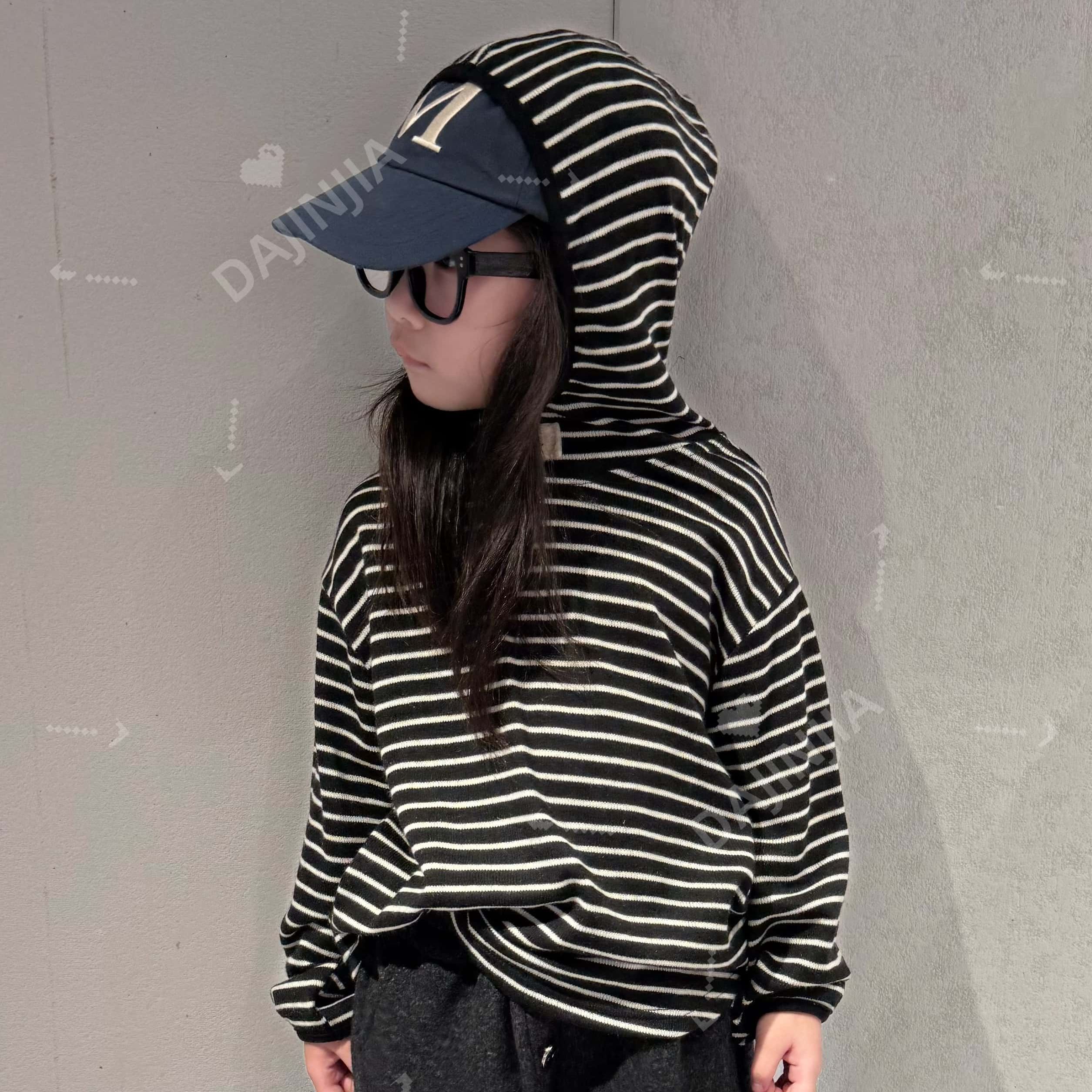 【现现】大金定制季新款经典条纹连帽棉感男女童百搭套头卫衣上衣