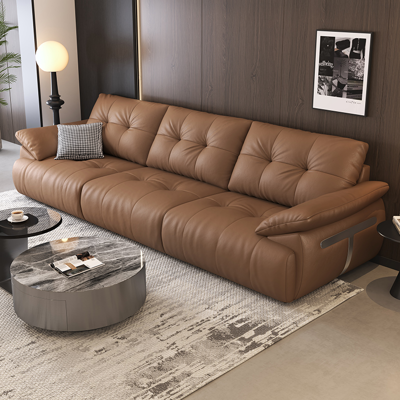 棕色面包云朵真皮沙发客厅大小户型轻奢简约直排皮艺沙发头层牛皮