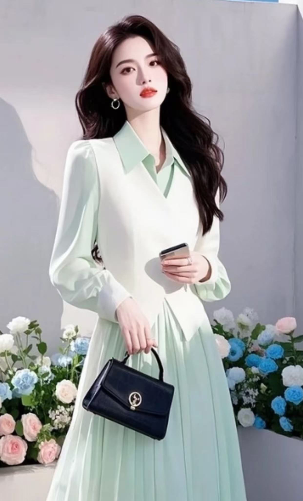 SS909早春一整套女装减龄时尚浅绿色衬衫连衣裙马甲职业套装女