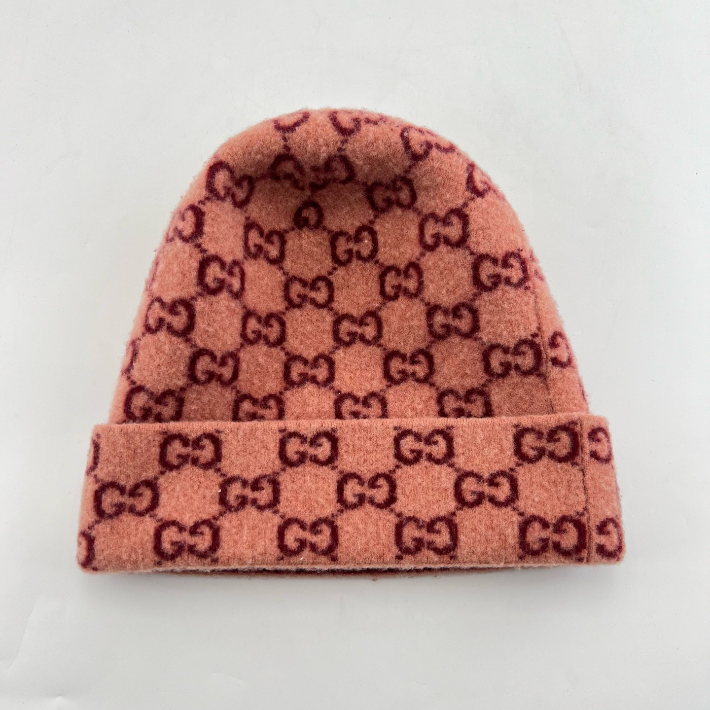 99新 GUCCI/古驰 粉色针织双G满印logo绒线帽/8765399