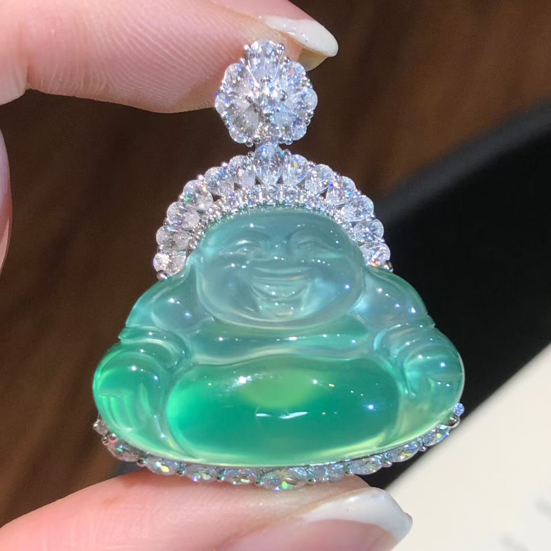 熹睿-银s925镶嵌小众珠宝甜绿多样性玉髓后开盖设计女款佛公吊坠 