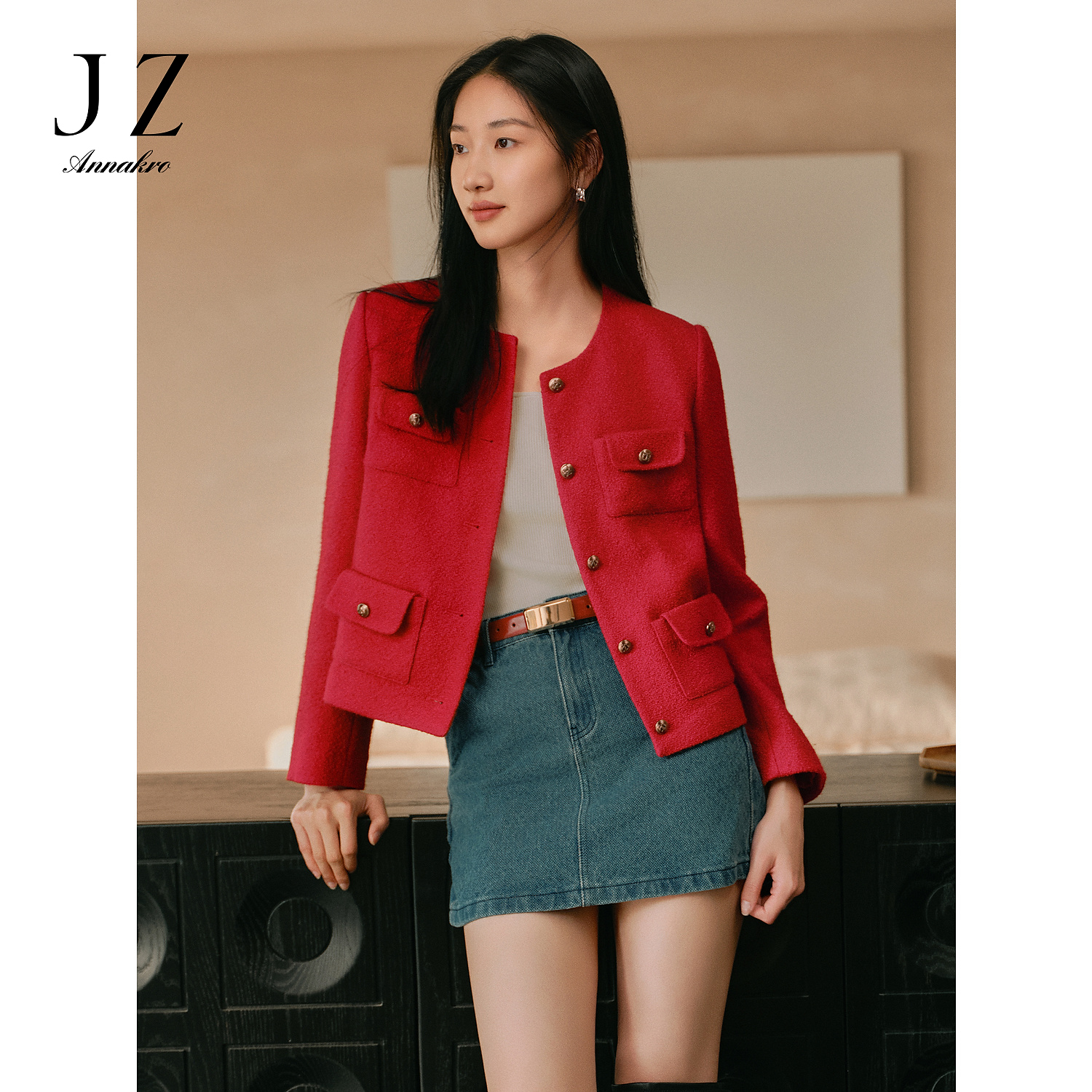 【丽公主专属】玖姿安娜蔻KWFC40511优雅轻熟小香风安可拉红短款外