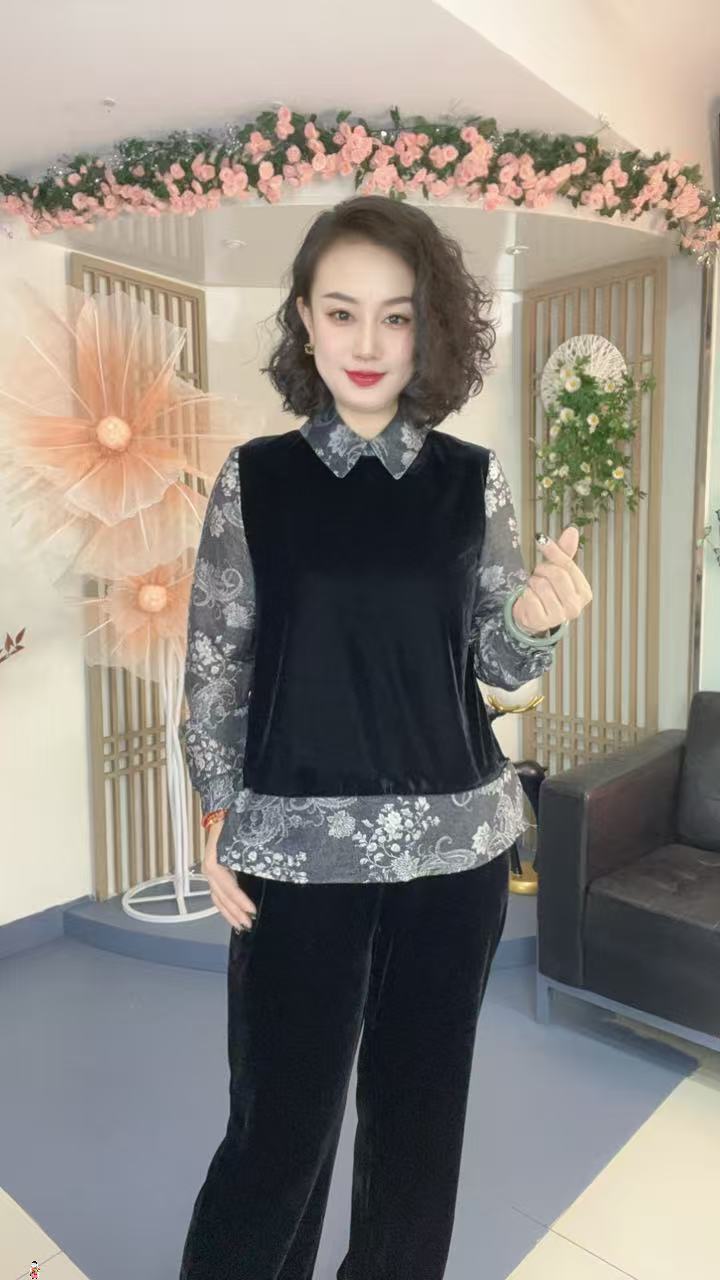 时尚百搭秋季新款翻领墨染花拼丝绒假两件气质衬衫L1719