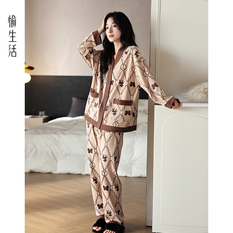 愉生活2025春秋季新款睡衣女纯棉长袖长裤休闲大码可外穿家居服