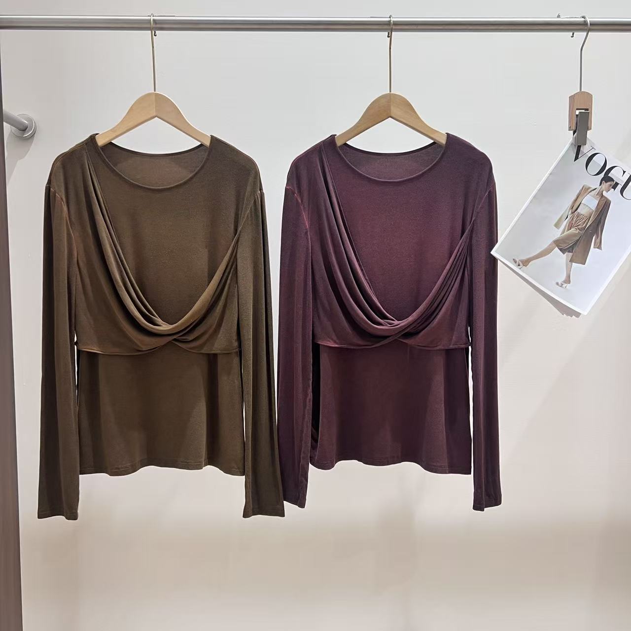 ZZ常规款宽松型圆领褶皱极简风T恤修身时尚秋季针织X119