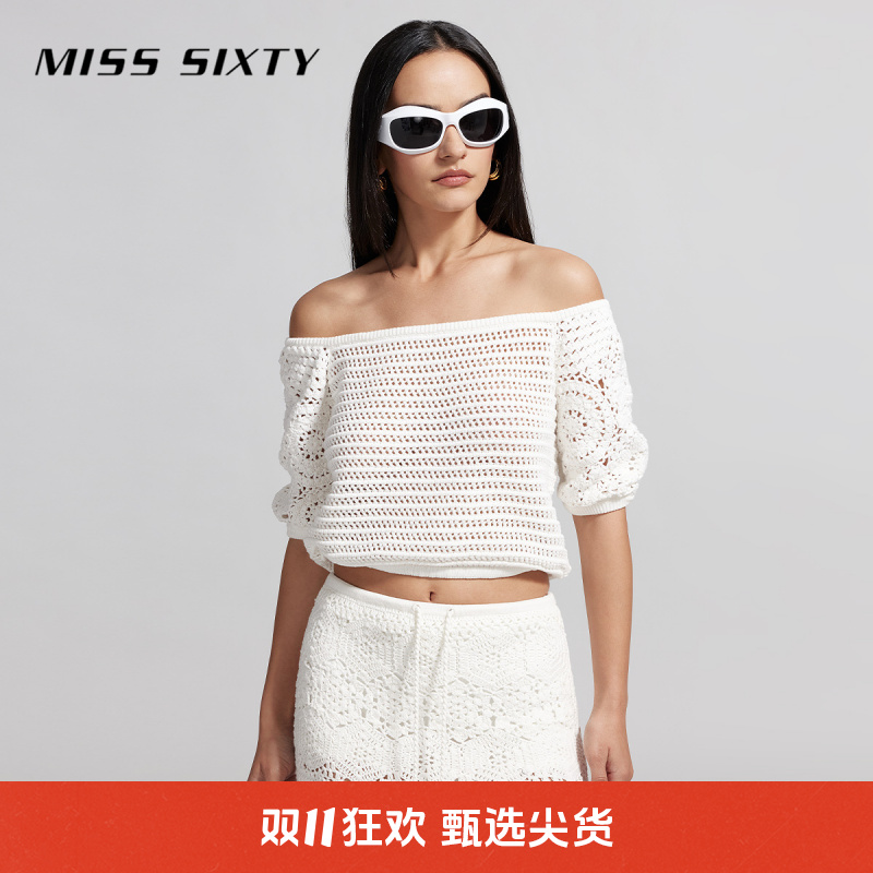 【贤哥专属】Miss Sixty夏季新款针织衫女重工镂空钩花一字肩度假风