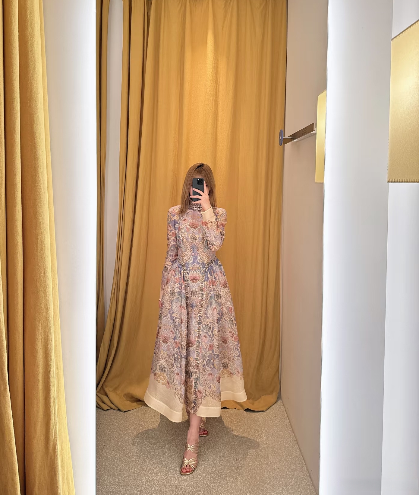 新款丝麻蓝色花卉立领高定高贵中长款气质碎花连衣裙裙子ZC1141