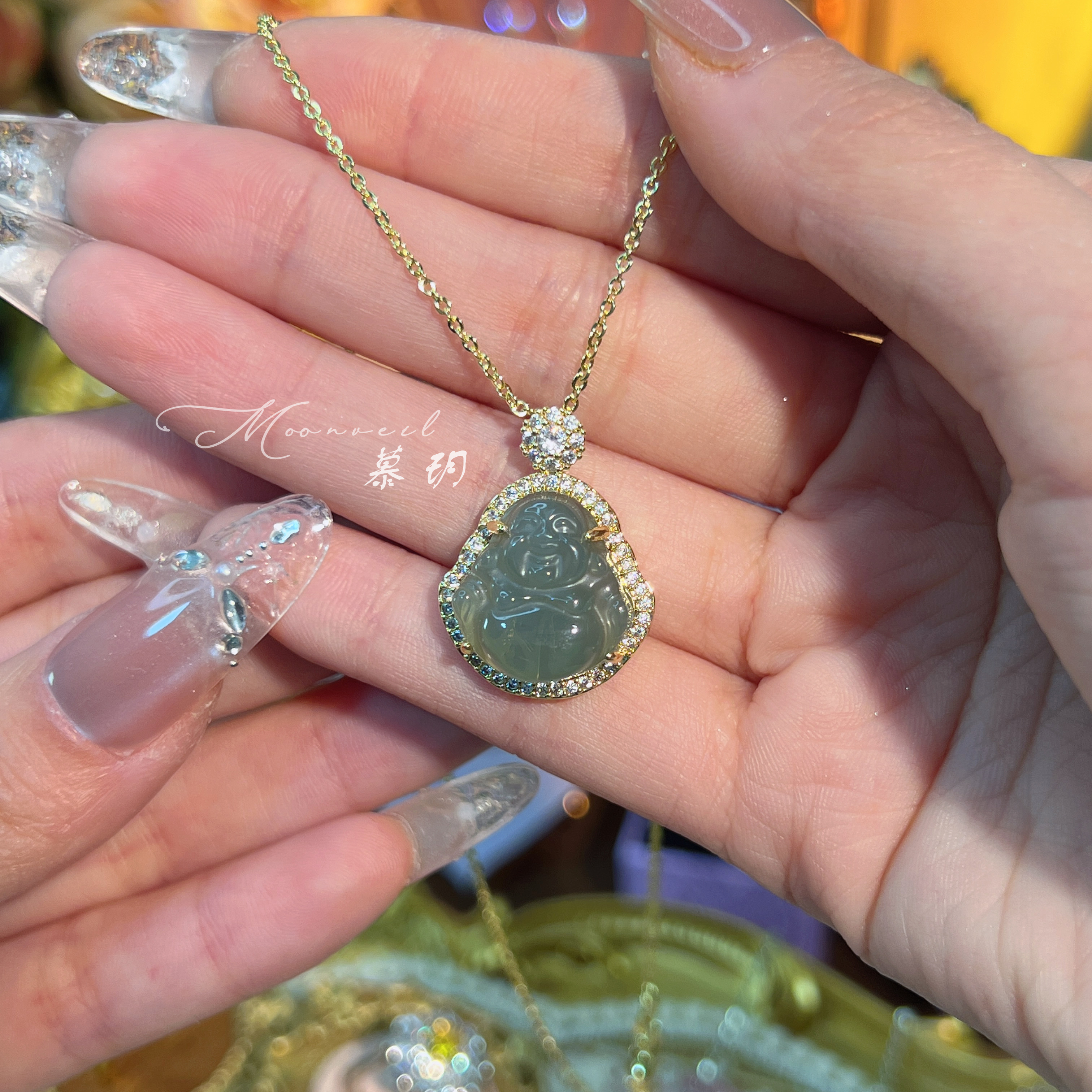 铜合金项链 【1035】镀真金/犹见春山/绿髓平安佛像小众项链