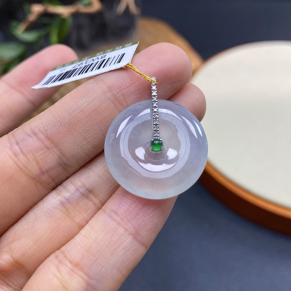 如意宝珠宝 18K金钻石镶嵌白冰翡翠平安扣玉石吊坠翡翠A货BW197