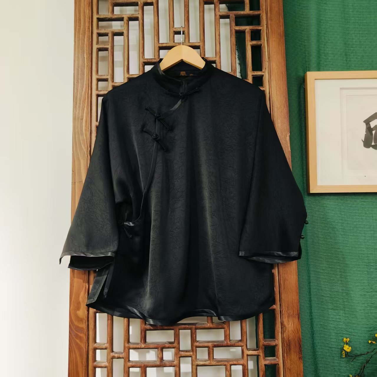 凤徕兮私人定制黑色光板黑包边斜襟盘扣短上衣（LS605）黑