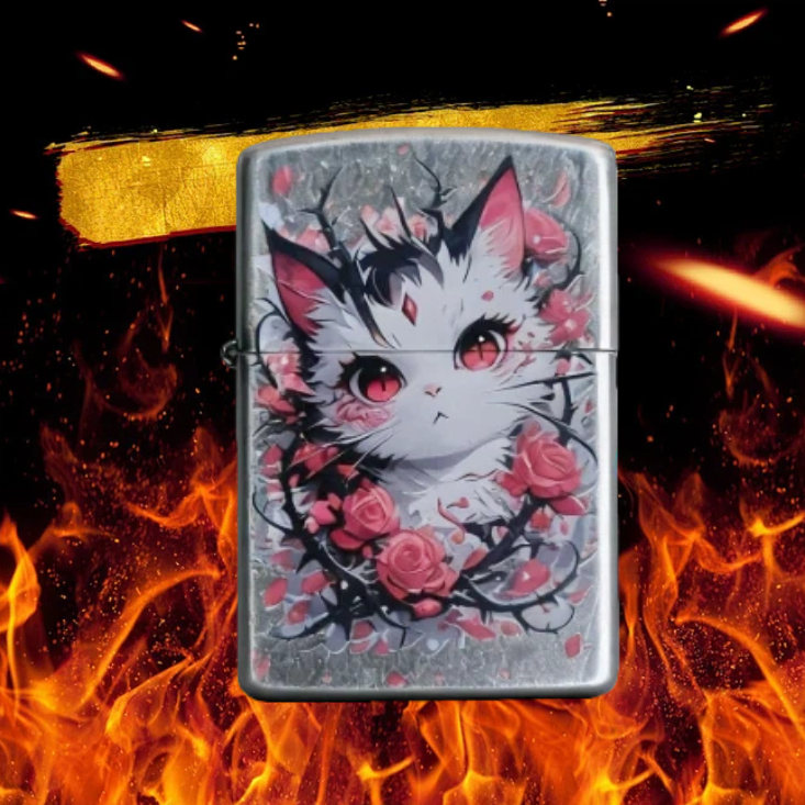 Diro古银玫瑰花猫防风打火机