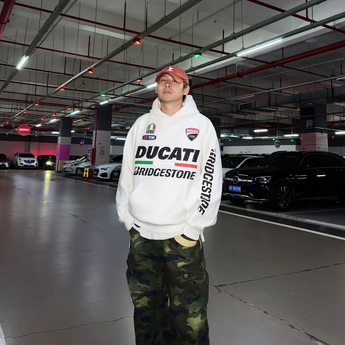 【杜小迪】美式加绒连帽套头印花字母宽松情侣彩色赛车字母秋冬卫衣