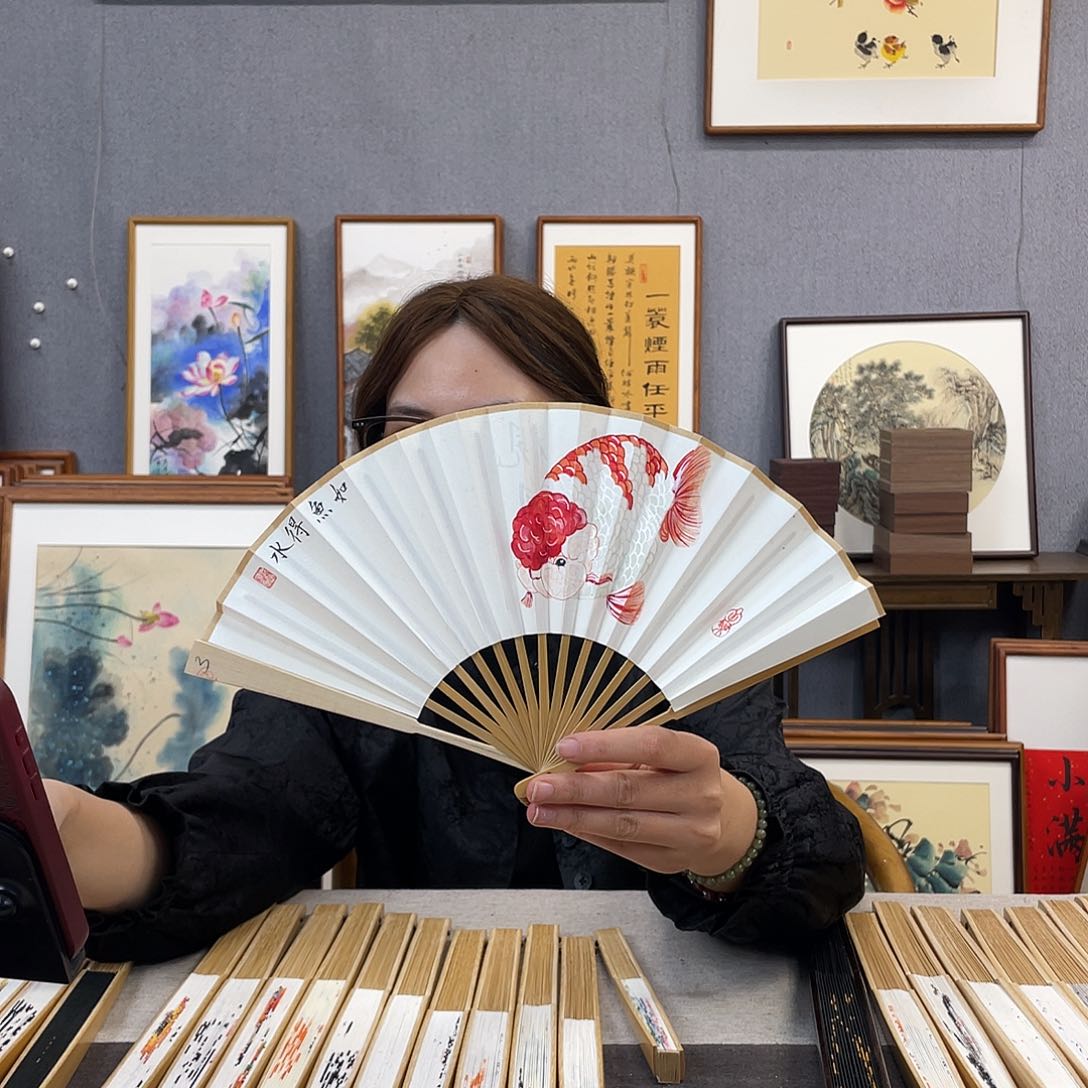 国画6寸玉竹-纯手绘-文玩扇骨（默认粘好）