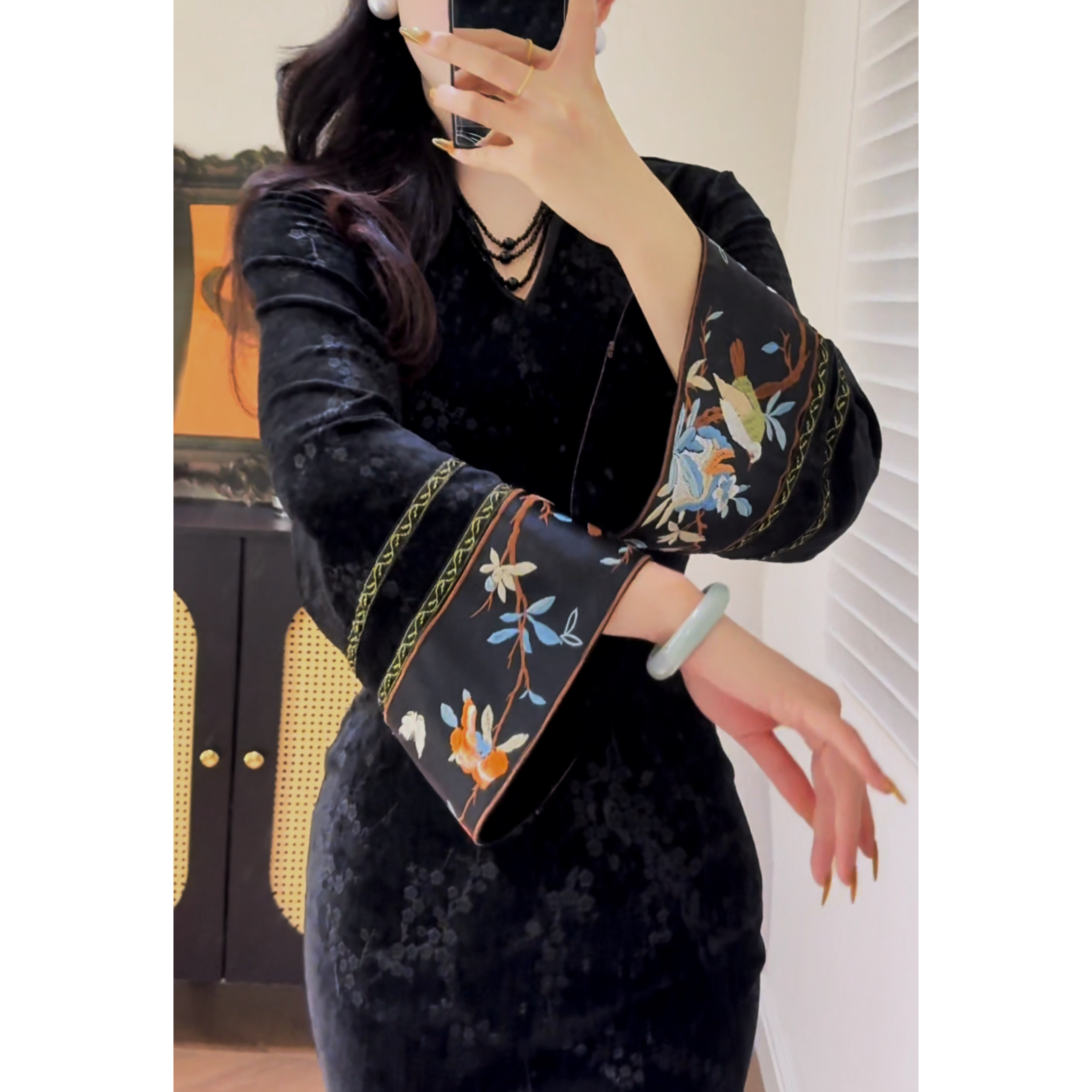 肆意【夜阑】原创中式旗袍高级黑色显瘦印花碎花倒大袖绣珠链旗袍