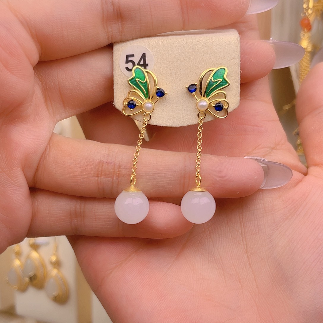 和田玉银S925镀金镶嵌耳饰